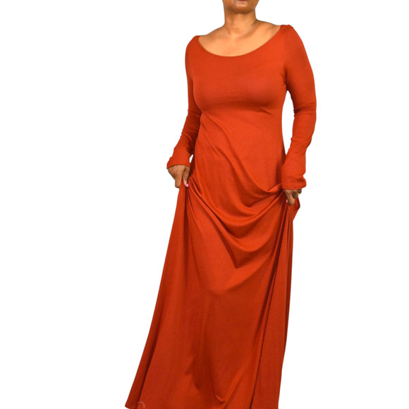 Soft Surroundings Maxi Dress Orange Clay Jersey Long Stretch Boatneck Medium - Picture 8 of 14